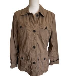 Eddie Bauer Jacket Large Brown Cotton Pockets Adjustable Waist Safari Army